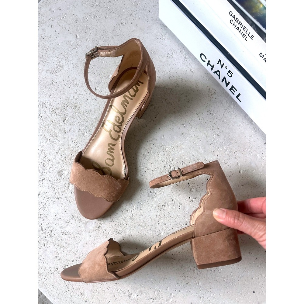 Sam Edelman Inara Scalloped Edge Suede Block Heel Sandals Tan Nude Boho 7.5 M - Picture 5 of 10